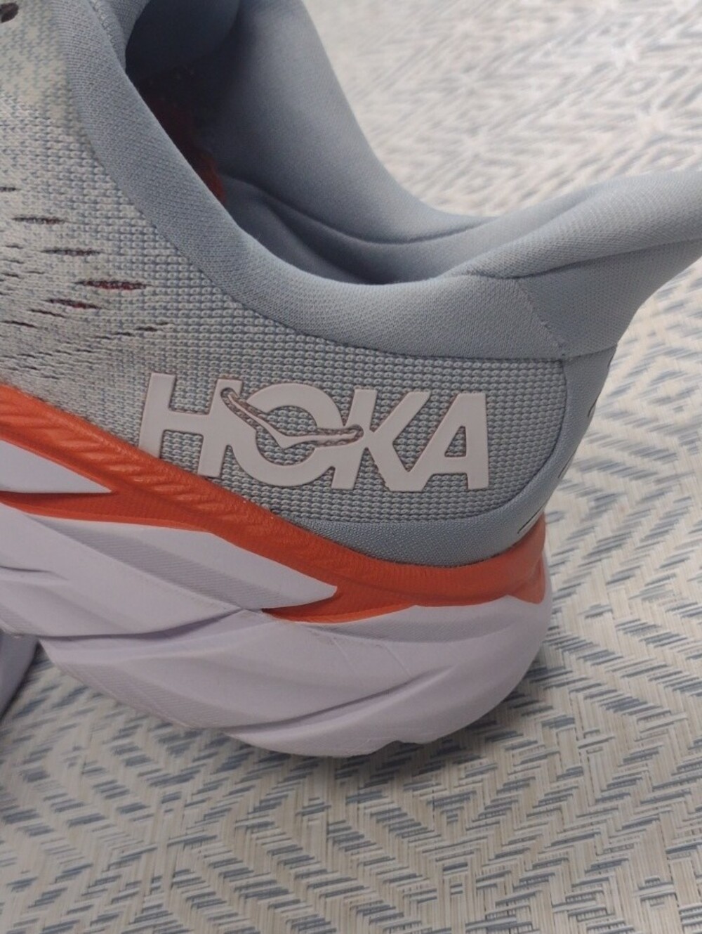 Hoka One One Clifton 8 Light Gray and Coral Athletic Shoe . - Picture 2 of 16